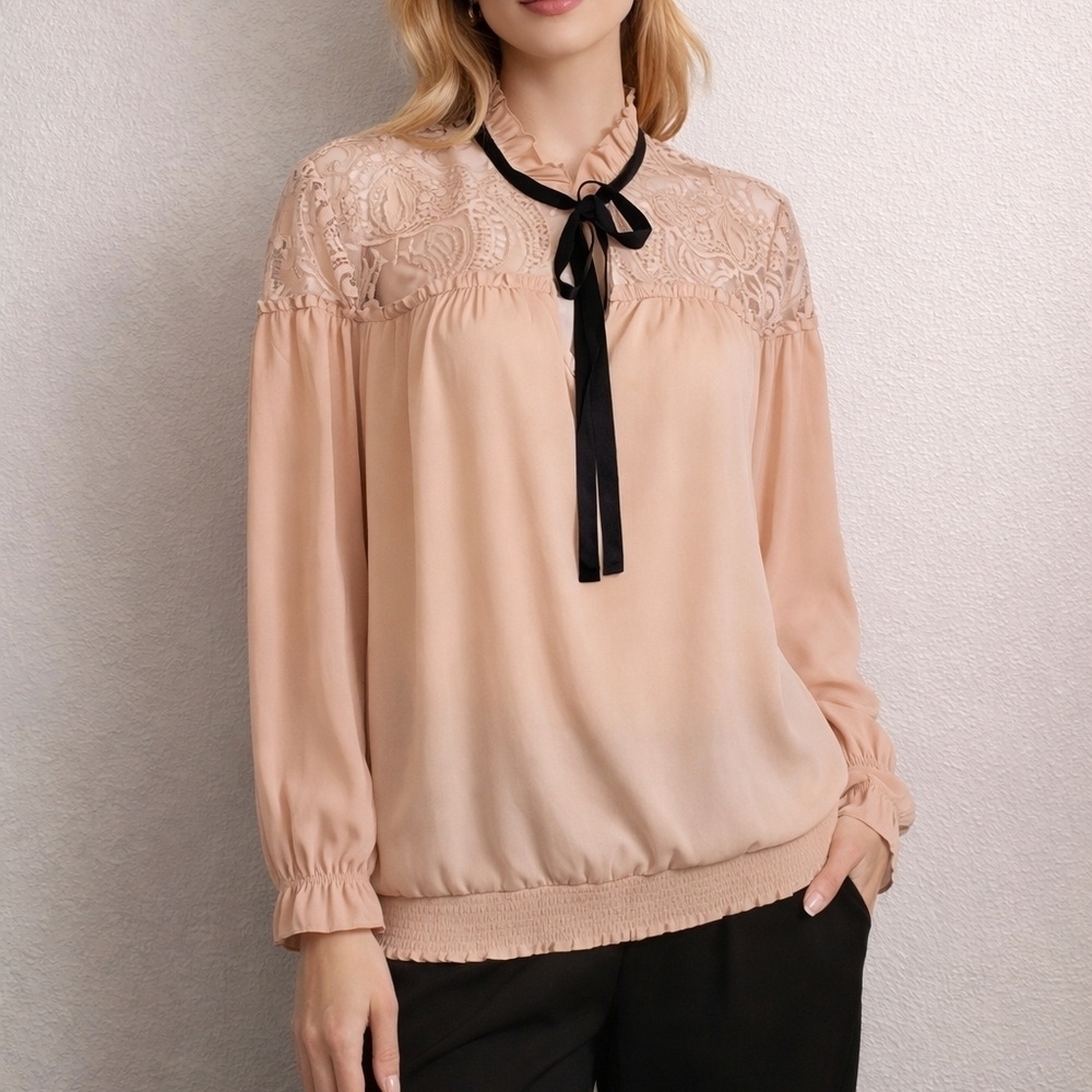 7th Avenue Light Pink Lace Bow Tie Blouson Long Sleeve Castlecore Blouse